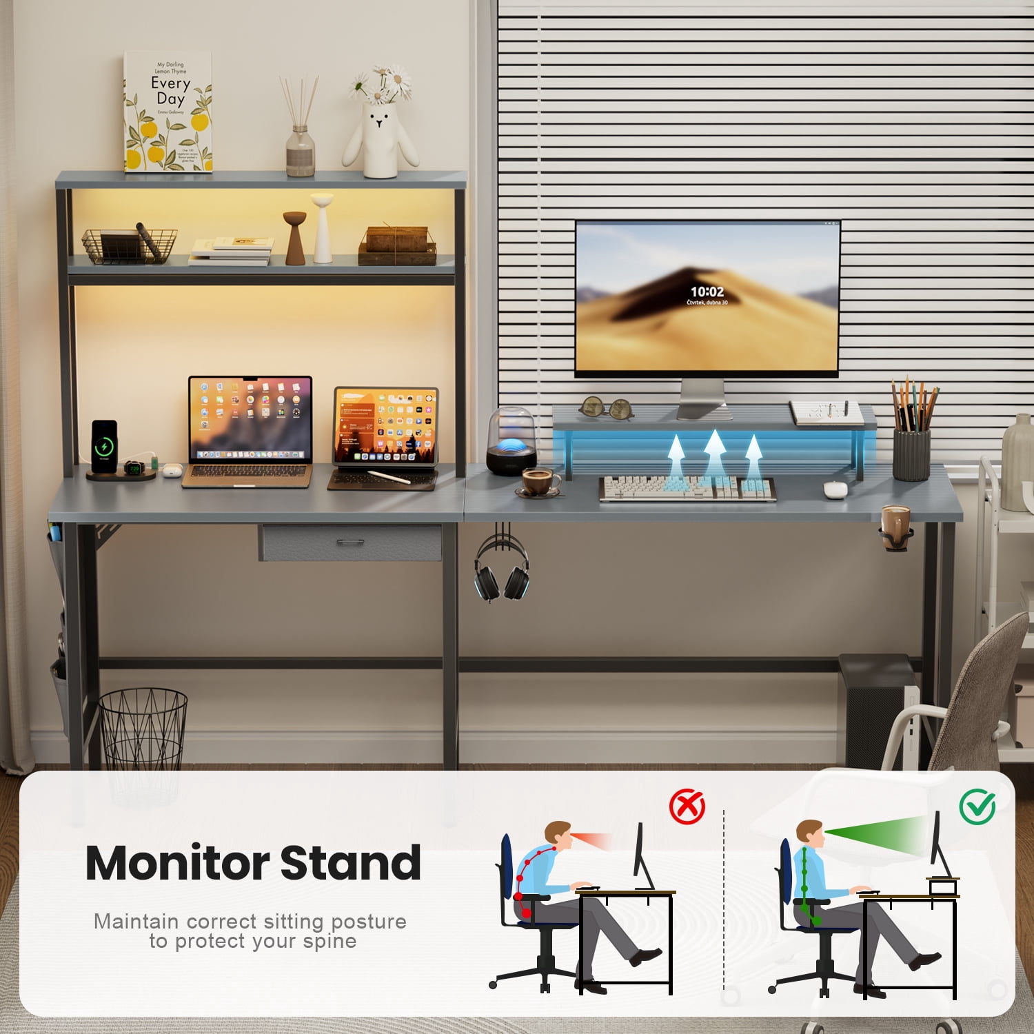 HLDIRECT L Shaped Gaming Desk with LED Light & Power Outlet, 59 Inch Reversible Corner Computer Desk with Storage Shelves & Drawer & Bag, Game Table with Hutch Monitor Stand, Gray