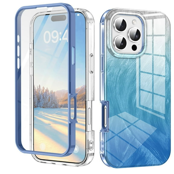 iPhone 11 Pro Max Case with Screen Protector, Gradient Color Feather Pattern Full Body Shockproof Protective Anti-Scratch Drop Proof Slim Fit Phone Case for Apple iPhone 11 Pro Max, Blue