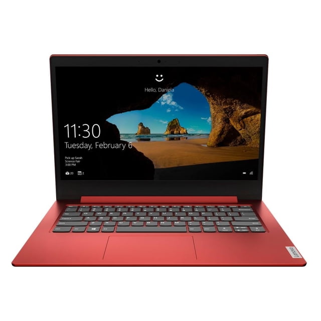 laptop lenovo ideapad s150-14ast amd a4 4gb ram 64gb emmc roja vista frontal abierta, pantalla de 14 pulgadas con pantalla de bloqueo Windows visible, teclado tipo chiclet, touchpad centrado y bisagra delgada; procesador AMD A4 y 4GB de RAM para tareas diarias, diseño compacto y ligero ideal para llevar; también suele usarse para trabajo escolar y viaje.