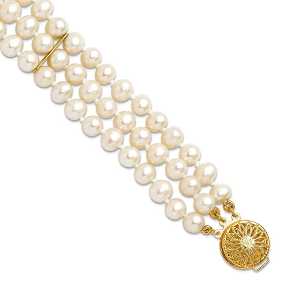 Primal Gold 14 Karat Yellow Gold 5-6mm White Near Round Freshwater Cultured Pearl 3-strand Bracelet