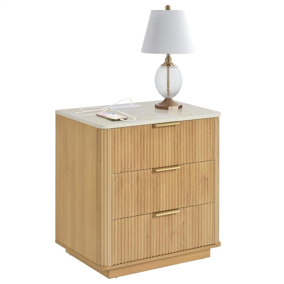 3 Drawer Night Stand, Beige Modern Dressers for Bedroom, 23" Wide with Charging Station, Bedroom Furniture
