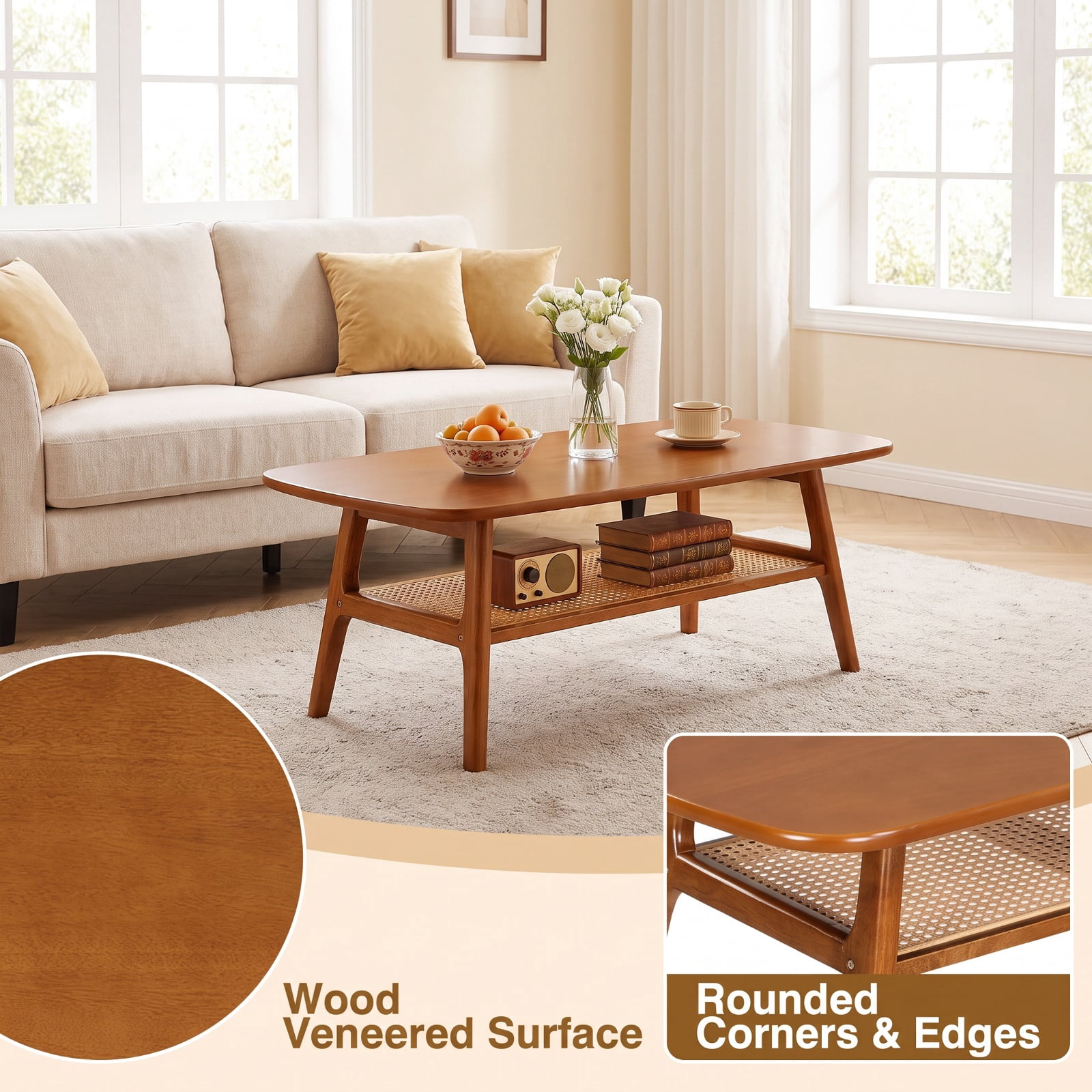 Furnibear 2 Tier Boho Rattan Coffee Table with Rounded Corners Rubber Wood Frame and Woven Open Shelf for Living Room, Walnut