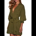 thumbnail image 3 of Vestido Camisero Mini con Cuello en V, Botones, Plisado, Mangas 3/4 y Cinturón para Mujer. Verde L, 3 of 10