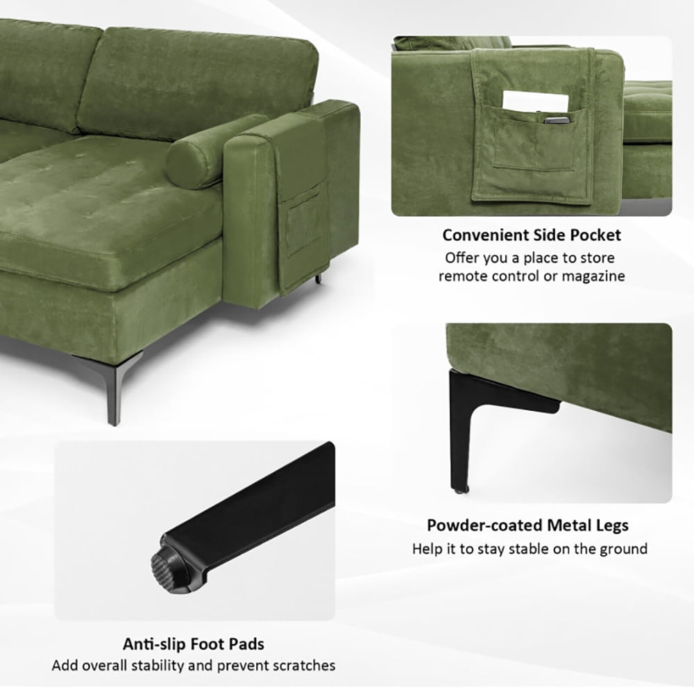 Finihen L-Shaped Sectional Sofa Couch, Sofa Bed, Modular L-shaped 3-Seat Sectional Sofa with Reversible Chaise and 2 USB Ports, for Living Room, Army Green Finihen L-Shaped Sectional Sofa Couch, Sofa Bed, Modular L-shaped 3-Seat Sectional Sofa with Reversible Chaise and 2 USB Ports, for Living Room, Army Green