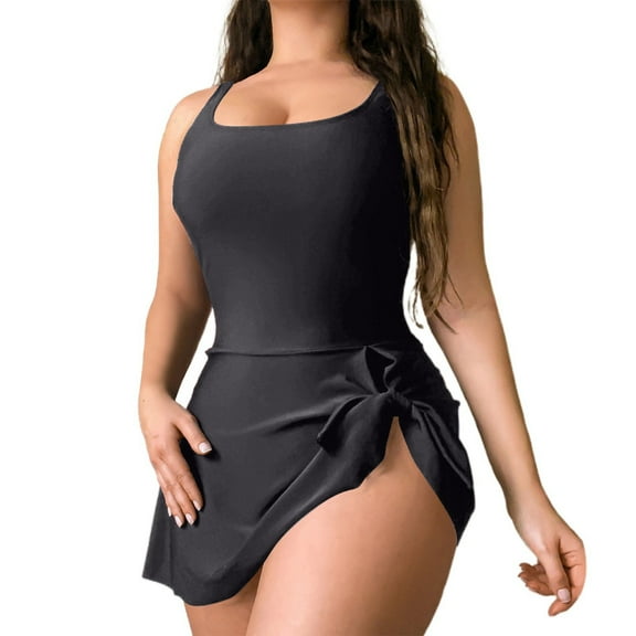 QHFBli Women's One Piece Swimsuit Scoop Neck Swimdress Tummy Control Swim Dresses Wide Straps Tie Knot Skirt Bathing Suit