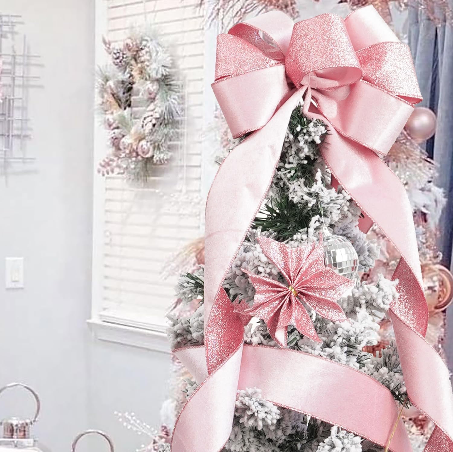 Pink Velvet Wired Ribbon Light Pink with Glitter Christmas Ribbon for Christmas Tree Decorations Wreaths Gift Wrapping Bows Garlands Home Decor Crafts- 10 Yards