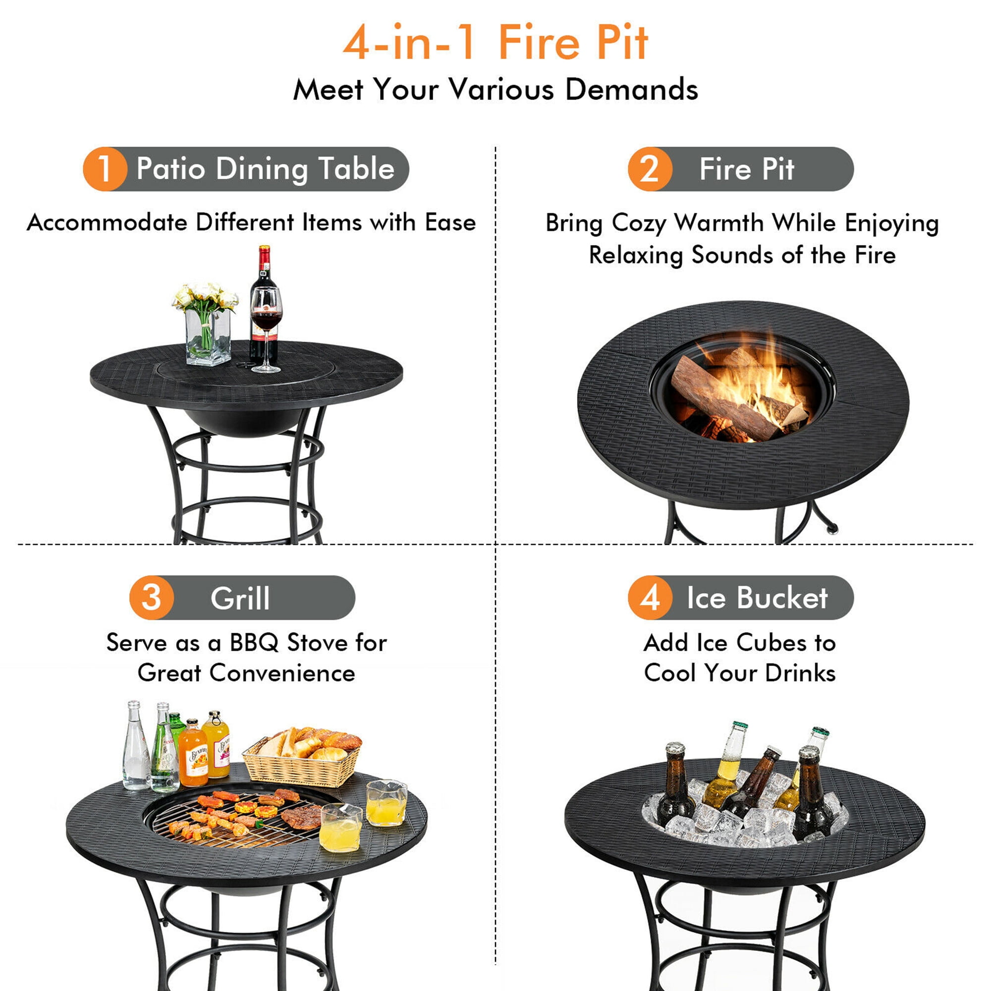Gymax Fashion 31.5'' Patio Fire Pit Dining Table Charcoal Wood Burning W/ Cooking BBQ Grate