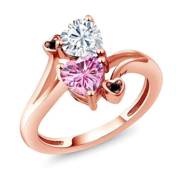 Gem Stone King 18K Rose Gold Plated Silver White Moissanite Pink Moissanite and Black Diamond Ring for Women (1.63 Cttw, Heart Shape 6MM, Gemstone Birthstone, Size 7)