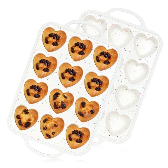 VEGCOO 2-Pack Heart-Shaped Silicone Baking Molds - 12-Cup Nonstick Muffin Pan with Reinforced Metal Frame, Cream Confetti Cupcake Tin for Brownies, Soap & Chocolate, Oven & Dishwasher Safe