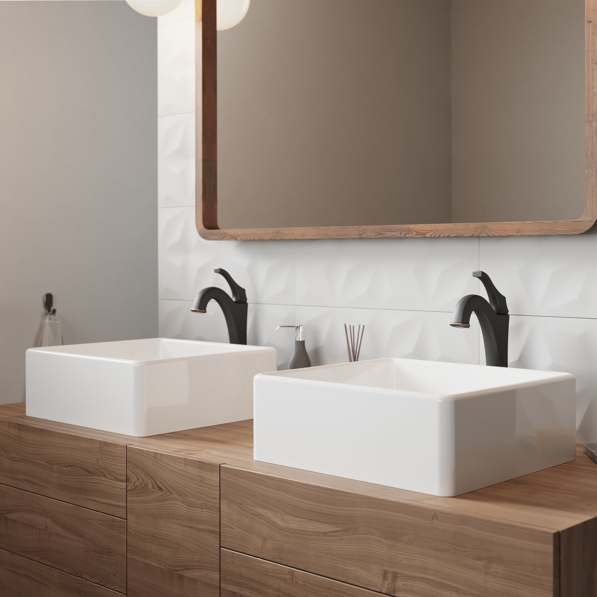 KRAUS Elavo 15-inch Square White Porcelain Ceramic Bathroom Vessel Sink and Arlo Faucet Combo Set with Pop-Up Drain, Oil Rubbed Bronze Finish