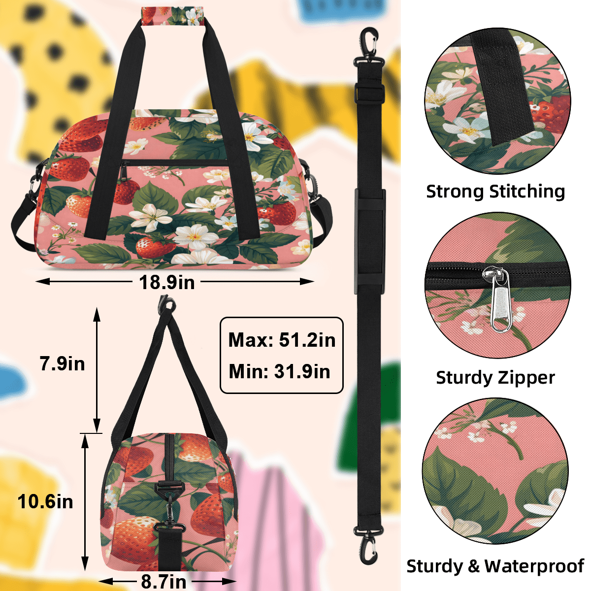 Herdesigns Sports Duffle Bags Travel Duffle Bag Gym Bag Strawberry Flower Weekender Travel Bag Waterproof Overnight Bag Carry On Travel Tote Bag Dance Bags
