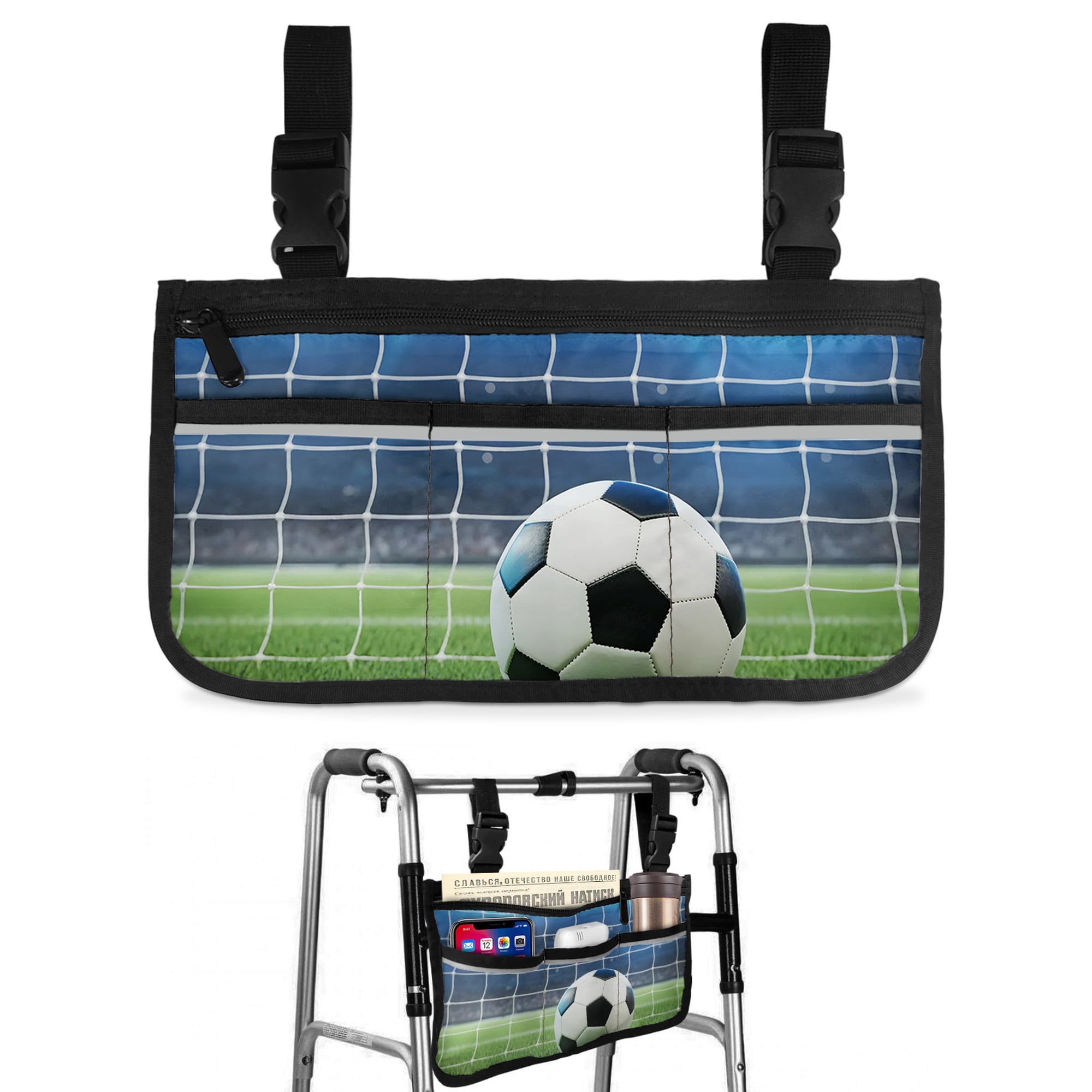 Football Games Wheelchair Side Bag Walk Bag Basket, Modern Stadium Ball Sports Goal Wheelchair Accessories Armrest Pouch, Organizer Storage Bags for Walkers, Rollators, Scooters, 7.3"x13"