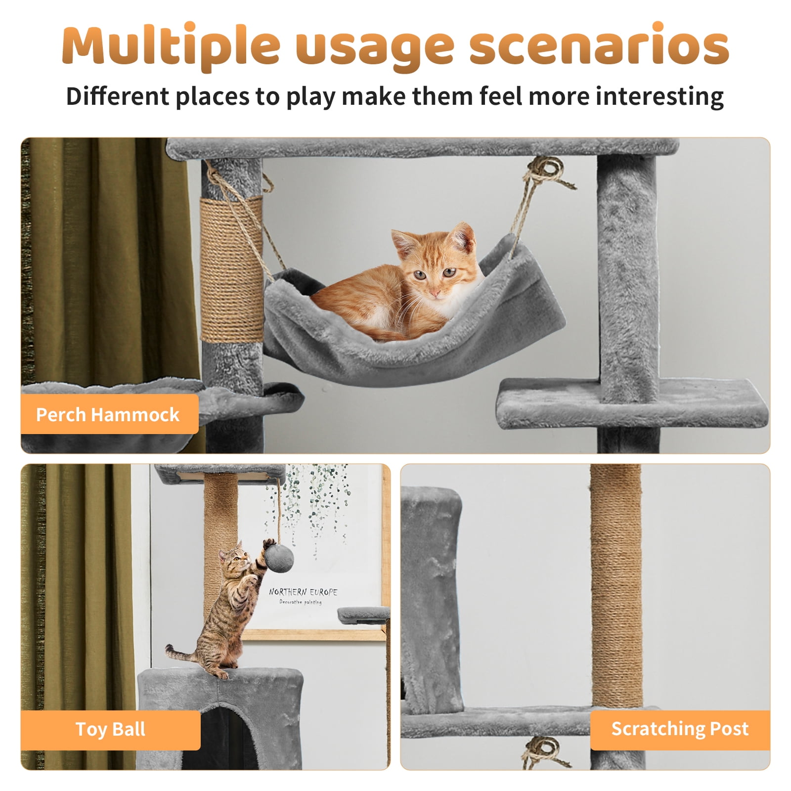 BeauGift Cat Tree with Large Hammock, Multi-Level Cat Tower for Indoor Cats, Cat Condo with Sisal-Covered Scratching Posts and Top Perch, Light Gray 52 Inch