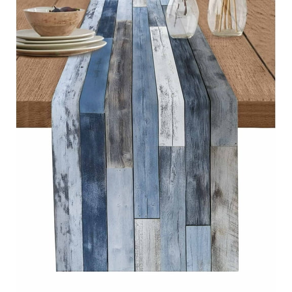 Blue Brown Farmhouse Table Runner Cotton Linen 60 Inch Holiday Dresser Scarves, Vintage Wooden Country Tablerunner for Kitchen Coffee Dining Bedroom Home Living Room Dinner Scarf Décor 13''x60''