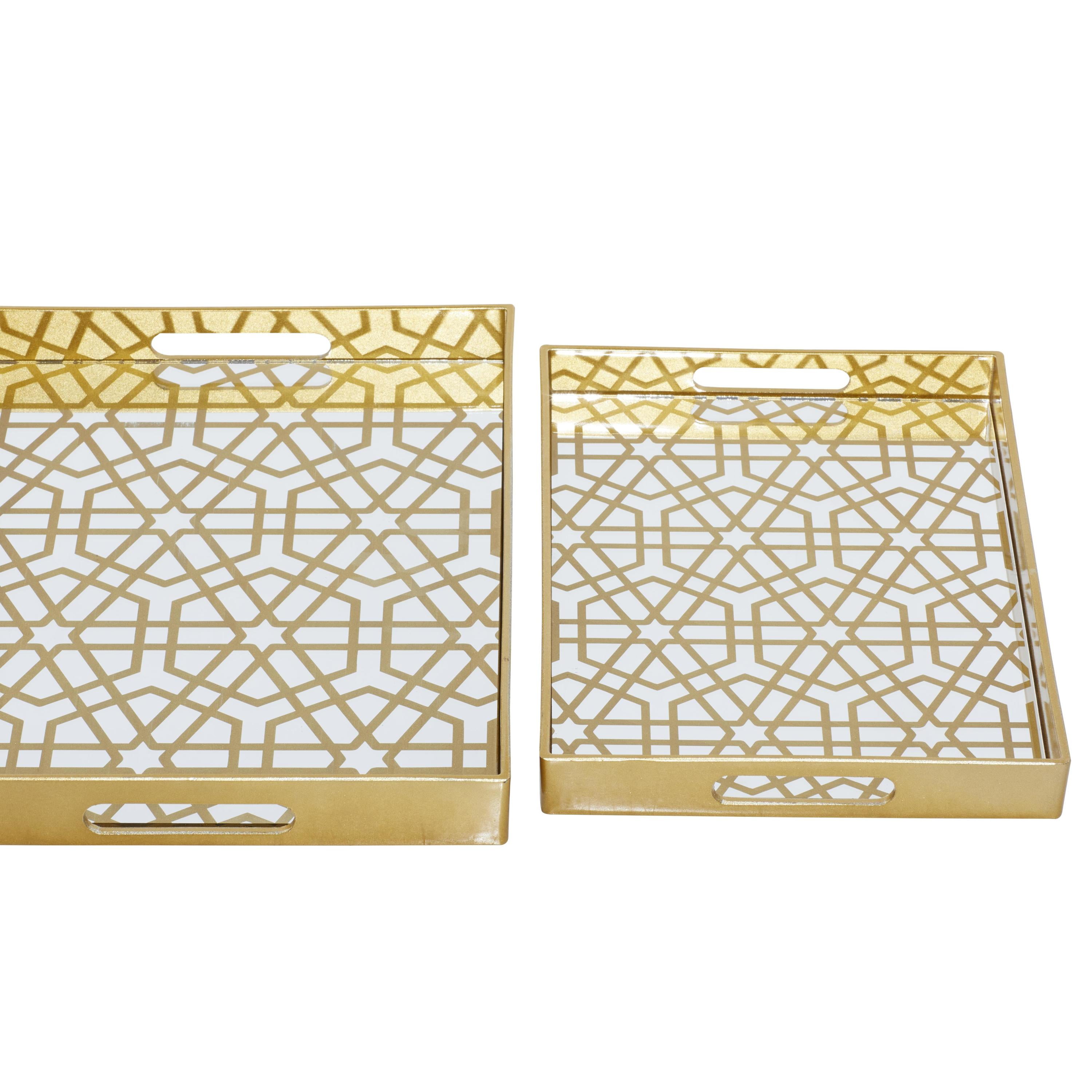 CosmoLiving by Cosmopolitan 14", 16"W Gold Plastic Mirrored Geometric Tray, 2-Pieces