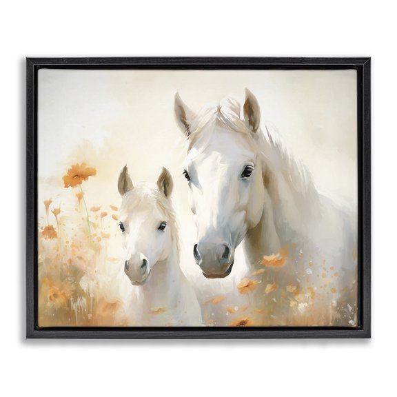 Stupell Industries French Country Horse & Foal with Flowers Black Floating Frame Canvas Art, 21 x 17, by Ramona Murdock