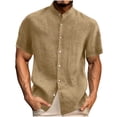 thumbnail image 2 of QIUOMBBP Stand Collar Shirts for Men Short Sleeve Button Down Tees Loose Lightweight Summer Casual Tshirts Khaki L, 2 of 7