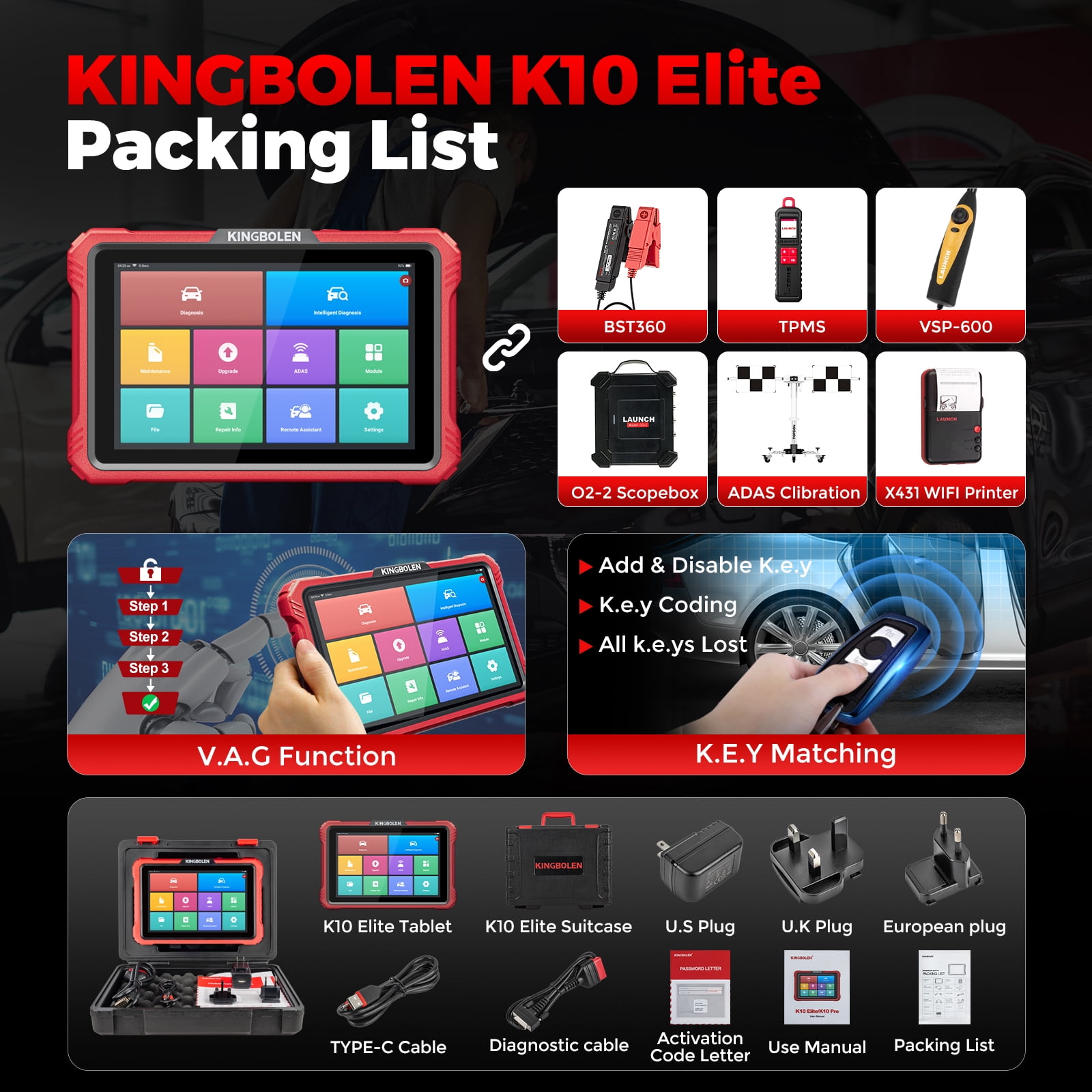 KINGBOLEN K10 Elite Full Systems Car Scan Tool with Topology Graph, OBD2 Diagnostic Scanner with 40+ Resets,Bidirectional ,FCA AutoAuth,SGW,ADAS,CAN-FD & DoIP