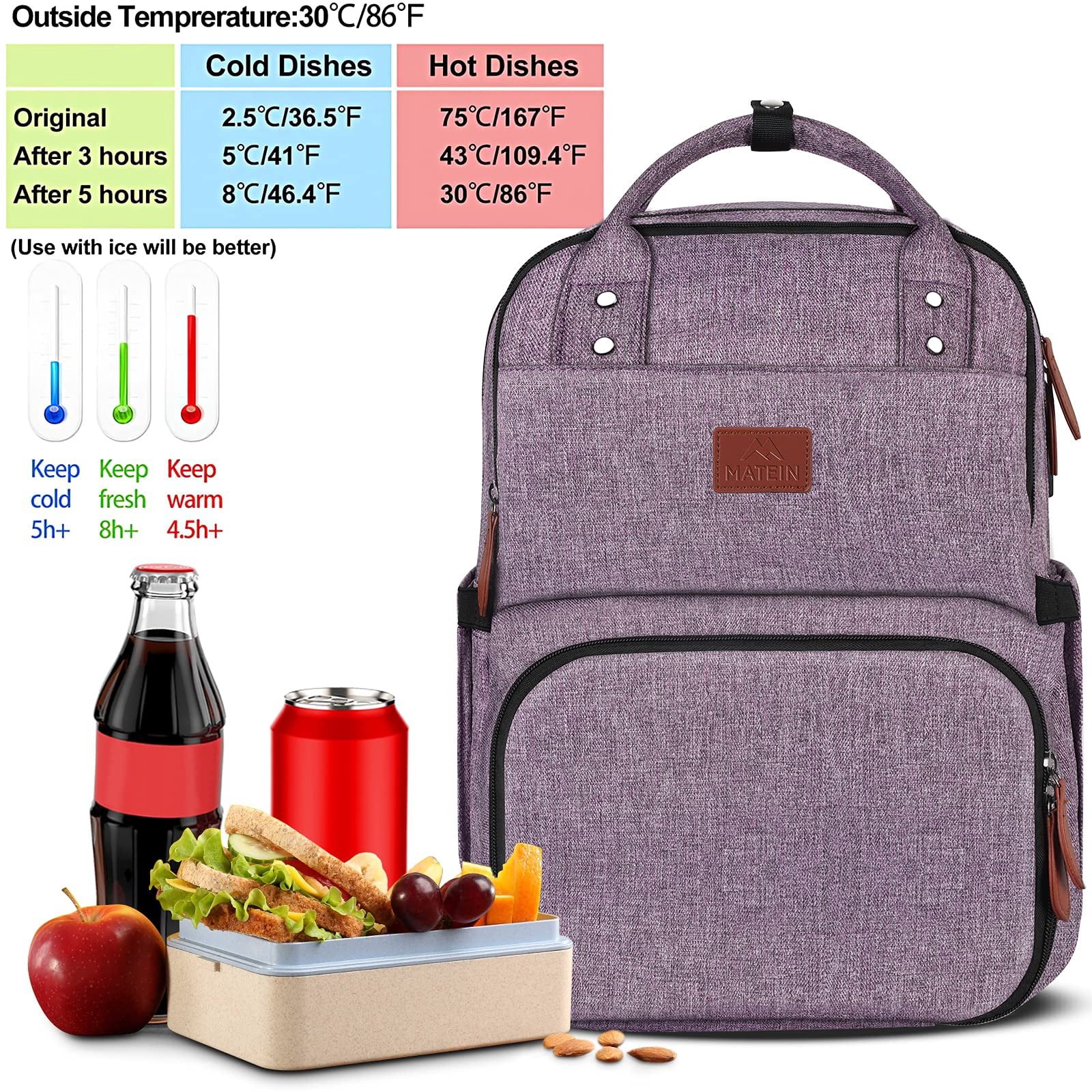 Matein Lunch Backpack, 15.6in Laptop Backpack with Insulated Compartment for Adults, Purple