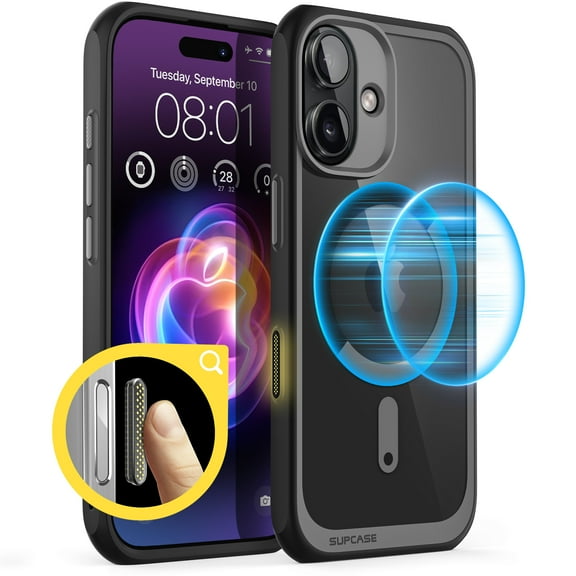 SUPCASE Quick Access Button Design for iPhone 16 6.1" (2024) MagSafe Case, [Military-Grade Protection] Slim Clear Shockproof Protective Strong Magnetic Phone Case Cover for iPhone 16, 6.1", Black