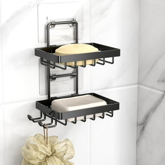 Masadi 2 Tier Soap Dish Soap Bar Holder For Shower, No Drilling, 304 Rustproof Stainless Steel, Wall Mounted Soap Holder With 4 Hooks And Razor Holder, Shower Rack Soap Tray Bar Soap For Bathroom