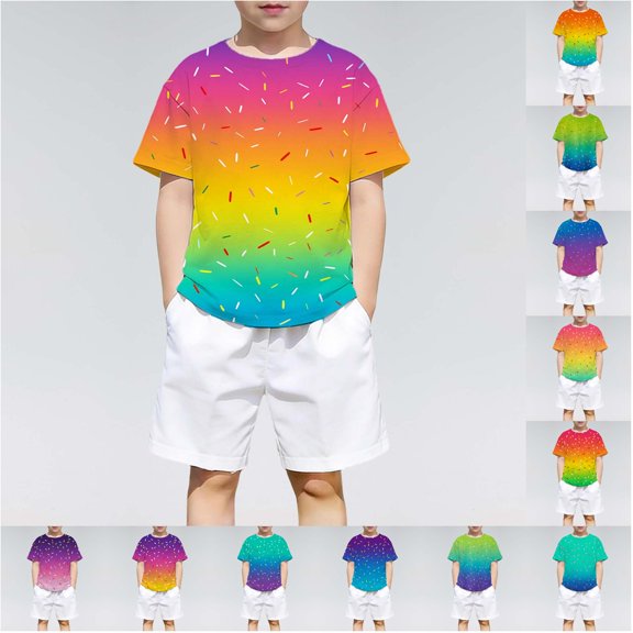 Trendfront Big Boys Rainbow Gradient Print Tops Short Sleeve Crewneck Casual T Shirts Summer Everyday Fashionable Tee