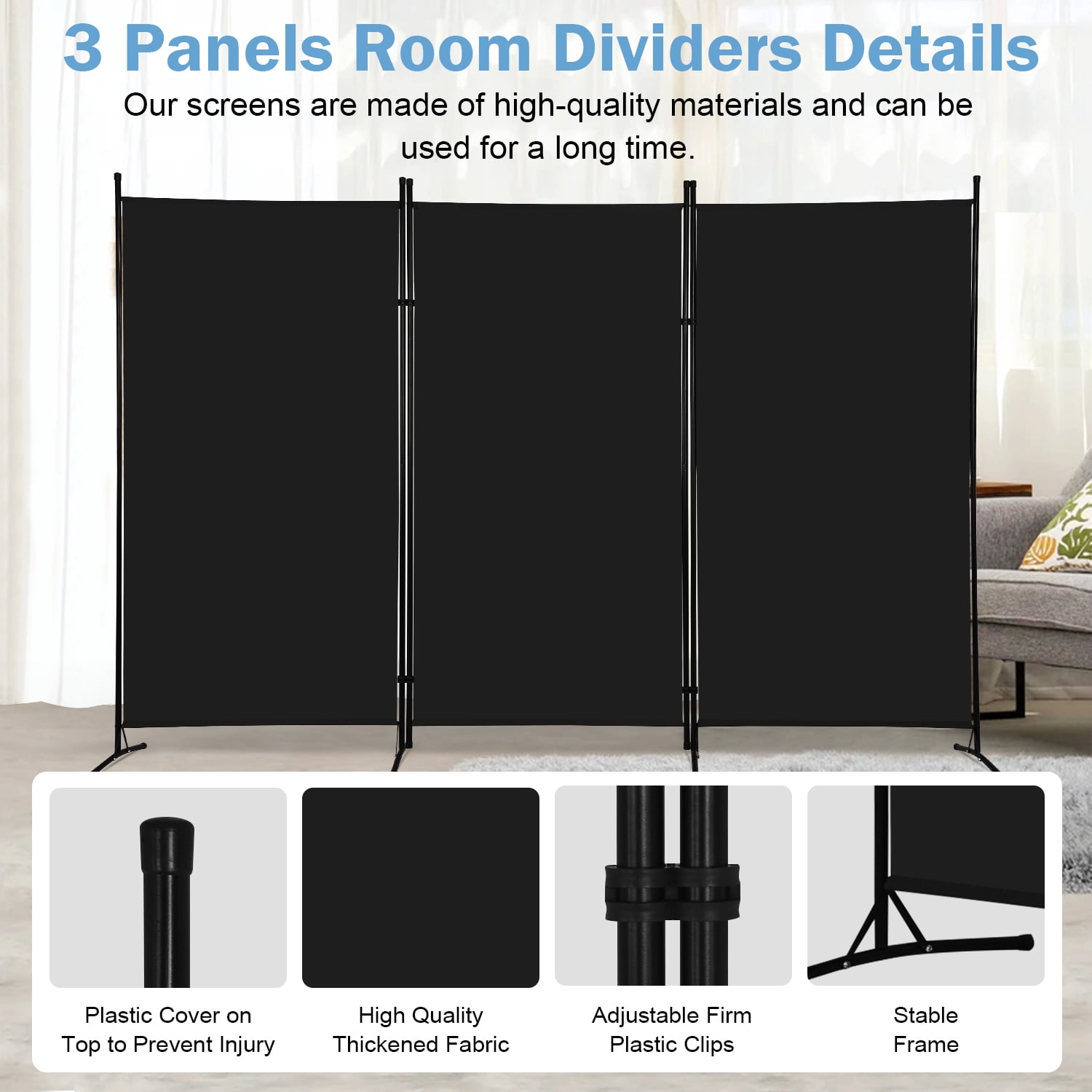 NiamVelo 3 Panel Room Divider Folding Partition Privacy Screens 5.9FT Portable Room Partition with Metal Frame Walls Dividers for Home Office Hospital 102" W x 70" H, Black