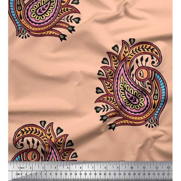 Soimoi Poly Georgette Fabric Peacock Block Print Fabric by The Yard 42 Inch Wide