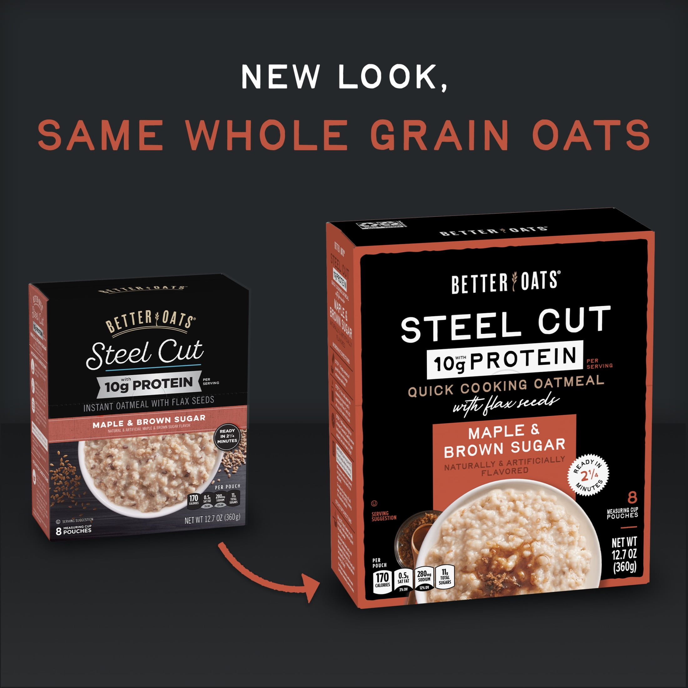Better Oats Steel Cut Protein Oatmeal with Flax Seeds, 8 Instant Maple and Brown Sugar Oatmeal Packets, 12.7 oz Pack