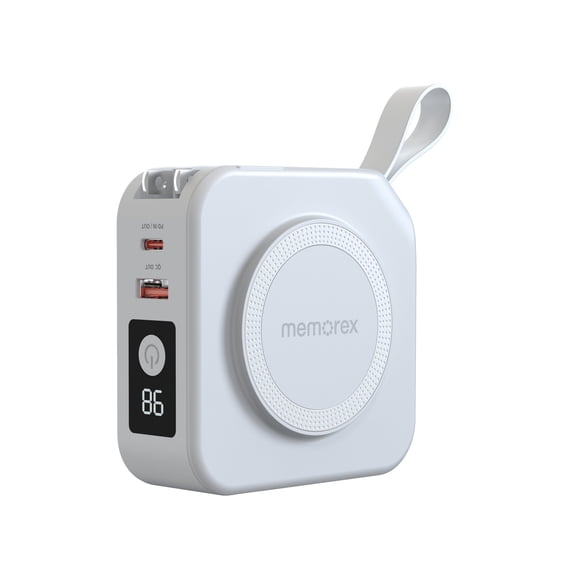 Memorex 5-in-1 Travel Power Bank | MX-PB10K(W) | 10,000mAh with Built-In Lightning & USB-C Cables, Wireless Charging Pad & Foldable AC Plug – Portable Fast Charging Battery Pack | White