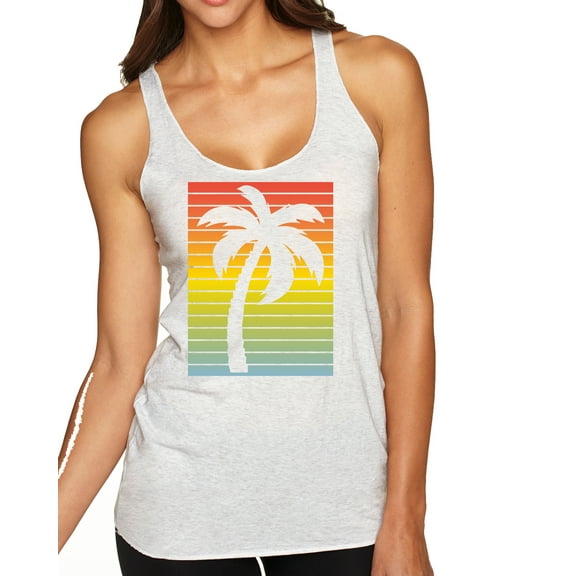 Wild Bobby, Tropical Palm Tree Silhouette | Womens Pop Culture Premium Tri-Blend Racerback Tank Top, Heather White, Small