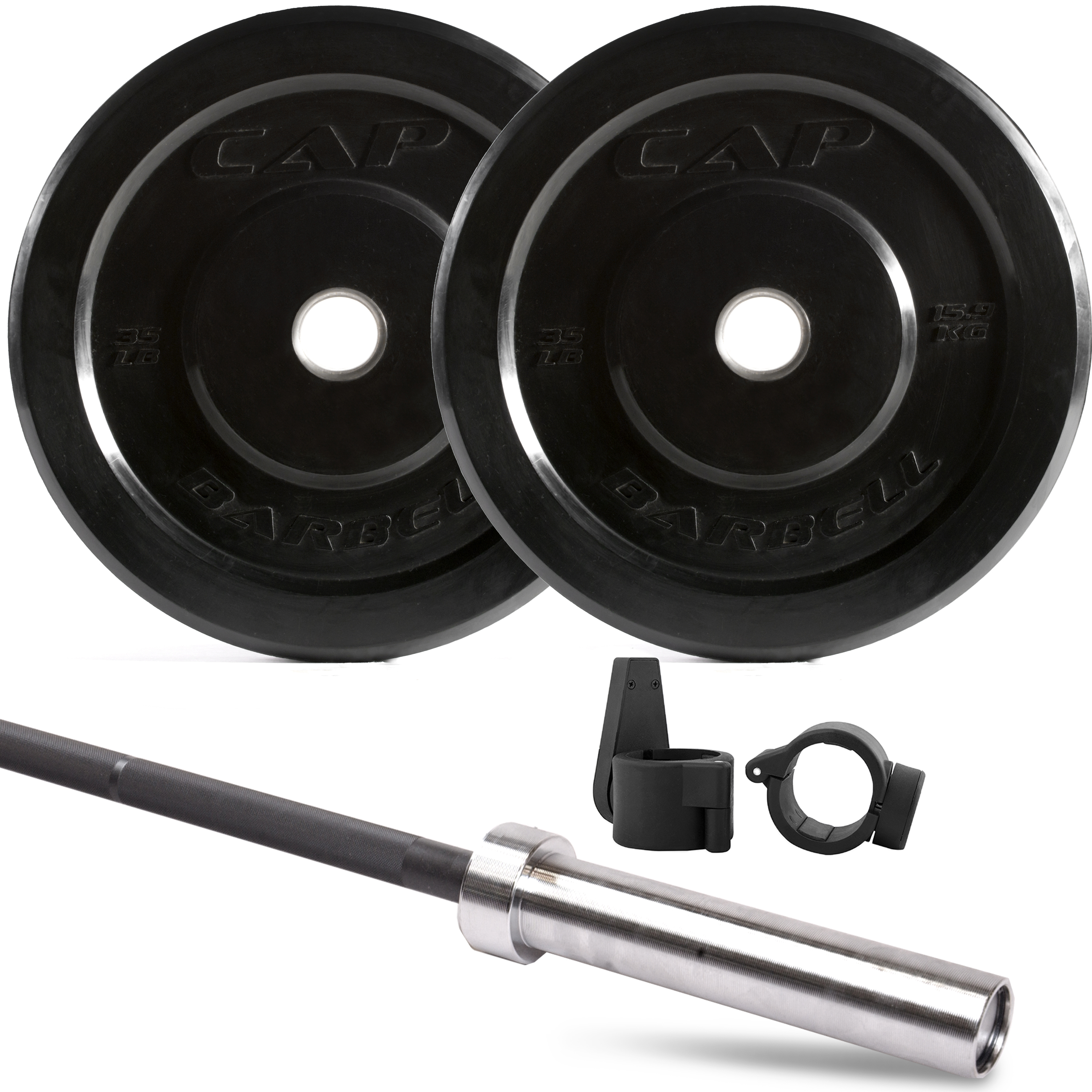 CAP Barbell 100 lb Bumper Plate Set w Ultra Lite Bar and Bar Clamps