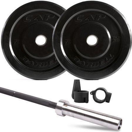 CAP Barbell 100 lb Bumper Plate Set w Ultra Lite Bar and Bar Clamps (ships in 2 boxes)
