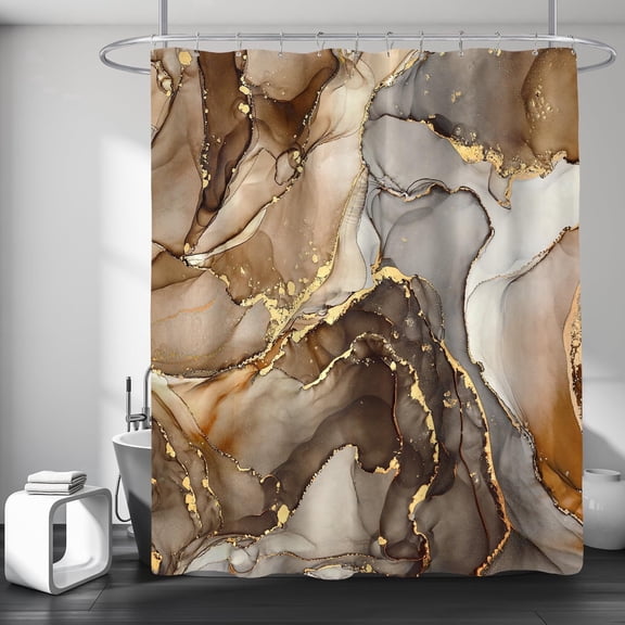 Brown Marble Shower Curtain, Modern Abstract Fabric Curtain for Bathroom, Watercolor Bath Decor Set , with Hooks, 72x72