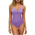 thumbnail image 3 of Antqov One Piece Swimsuit Women, Solid Color V Neck Padded Open Back Conservative Tummy Control Bathing Suit, Summer Vacation Cozy Casual Sports Swimwear, 3 of 9