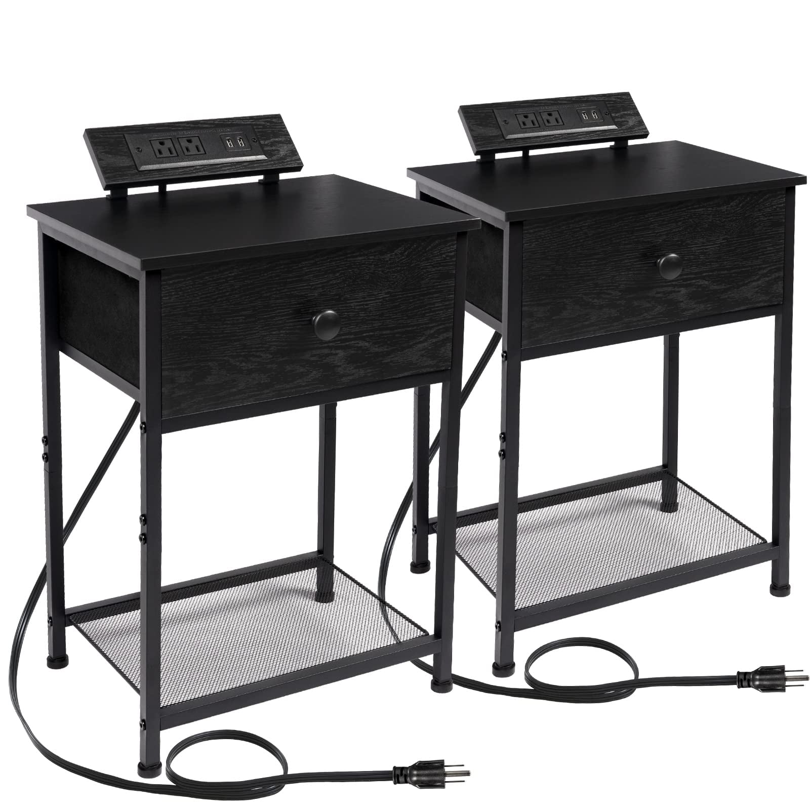 Black Nightstands Set of 2, Small End Tables Living Room with Charging