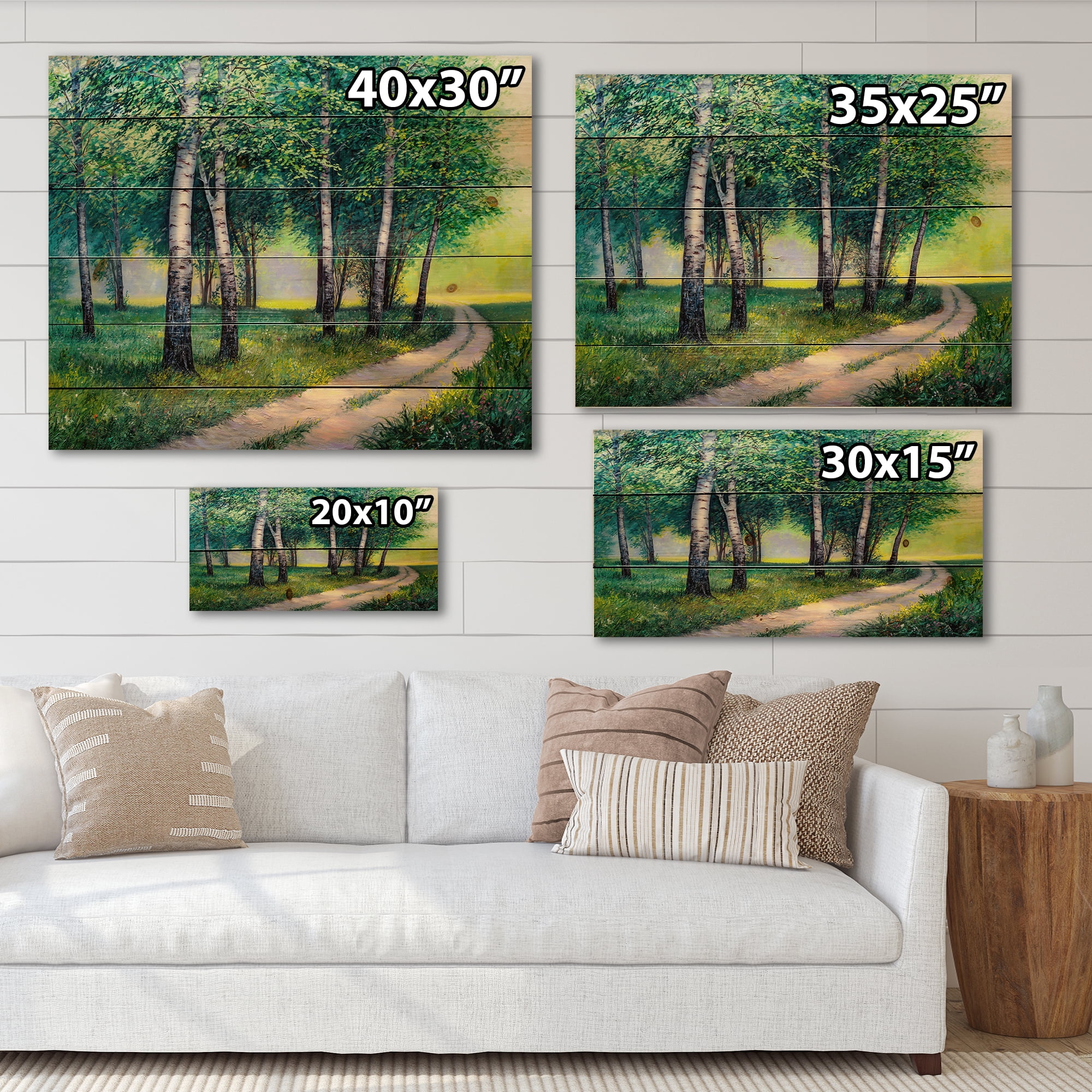Designart 'Summer Forest Path By The Birches' Lake House Print on Natural Pine Wood