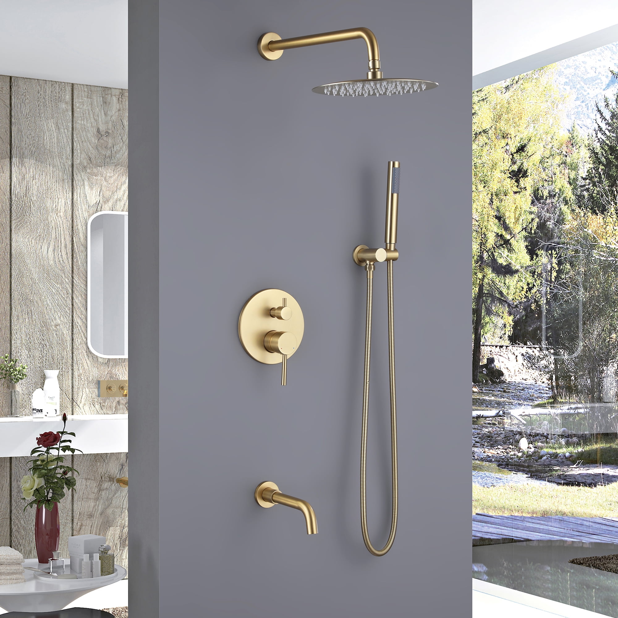 Three Functions Complete Shower System, Shower Faucet Set with Bathroom Bathtub Faucet with Rough-in Valve