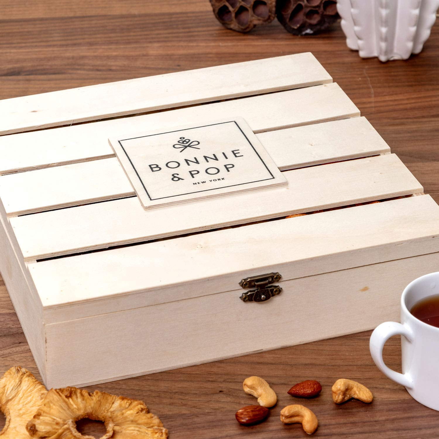 Bonnie & Pop- Nut Gift Basket, in Reusable Wooden Crate, Healthy Gift Option, Gourmet Snack Food Box, with Unique Flavors, Great for Christmas, Easter, Feel Better, Sympathy & Birthday