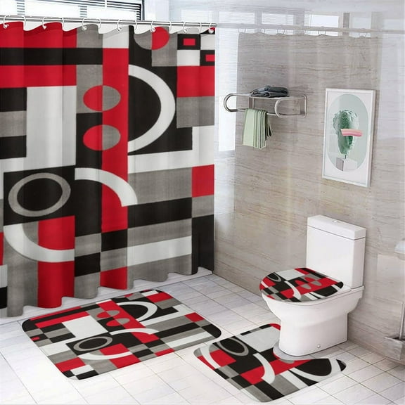 Geometric Circle Stripe 4 Pcs Shower Curtain Set with Rug Bathroom Sets with Waterproof Fabric And Non-Slip Rugs Toilet Lid Cover Bath Mat Decor with Hooks