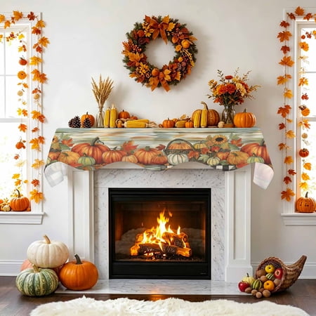 Thanksgiving Fall Fireplace Mantel Scarf Pumpkin Flower Plaid Wood Texture Mantel Scarf Scarves Fireplace Top Runner Cover for Holiday Party Home Decorations 70x17in