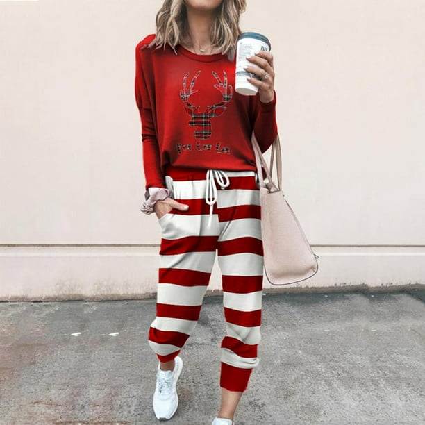 Puntoco Traje De Dos Piezas Con Estampado Navideño Para Mujer Jersey De Manga Larga Con Cuello Redondo Tops Pantalones Largos Chándales Chándales Puntoco Puntoco-3110
