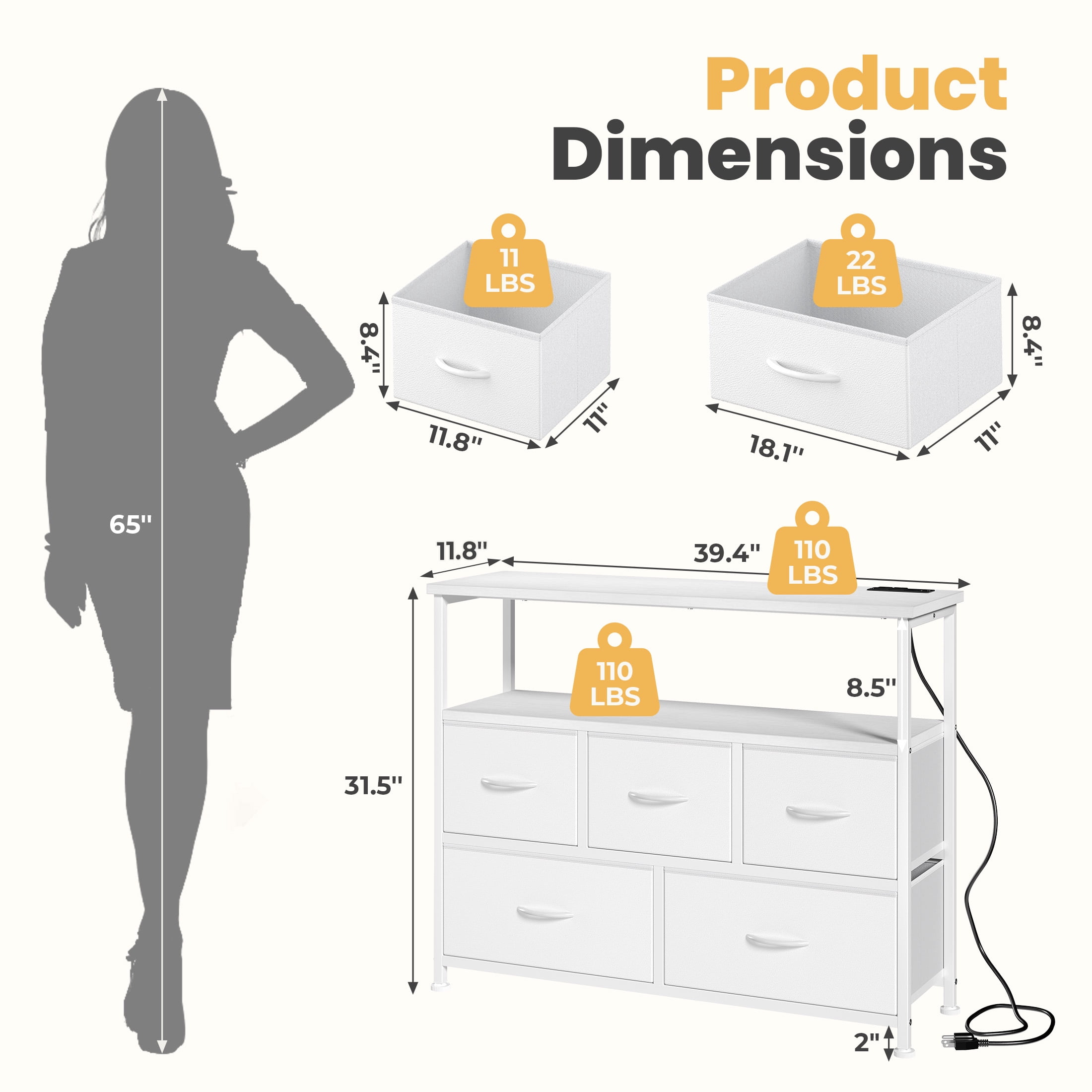 edx 5 Drawers TV Stand Dresser for 45" TV, Media Console with Charging Station & 2 Open Shelves, Storage Organizer for Bedroom Living Room, White