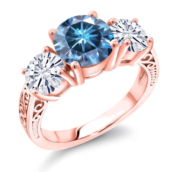 Gem Stone King 18K Rose Gold Plated Silver Persian Blue Moissanite and White Moissanite Engagement Ring for Women | 3.50 Cttw | Round 8MM | Gemstone Birthstone | Size 7