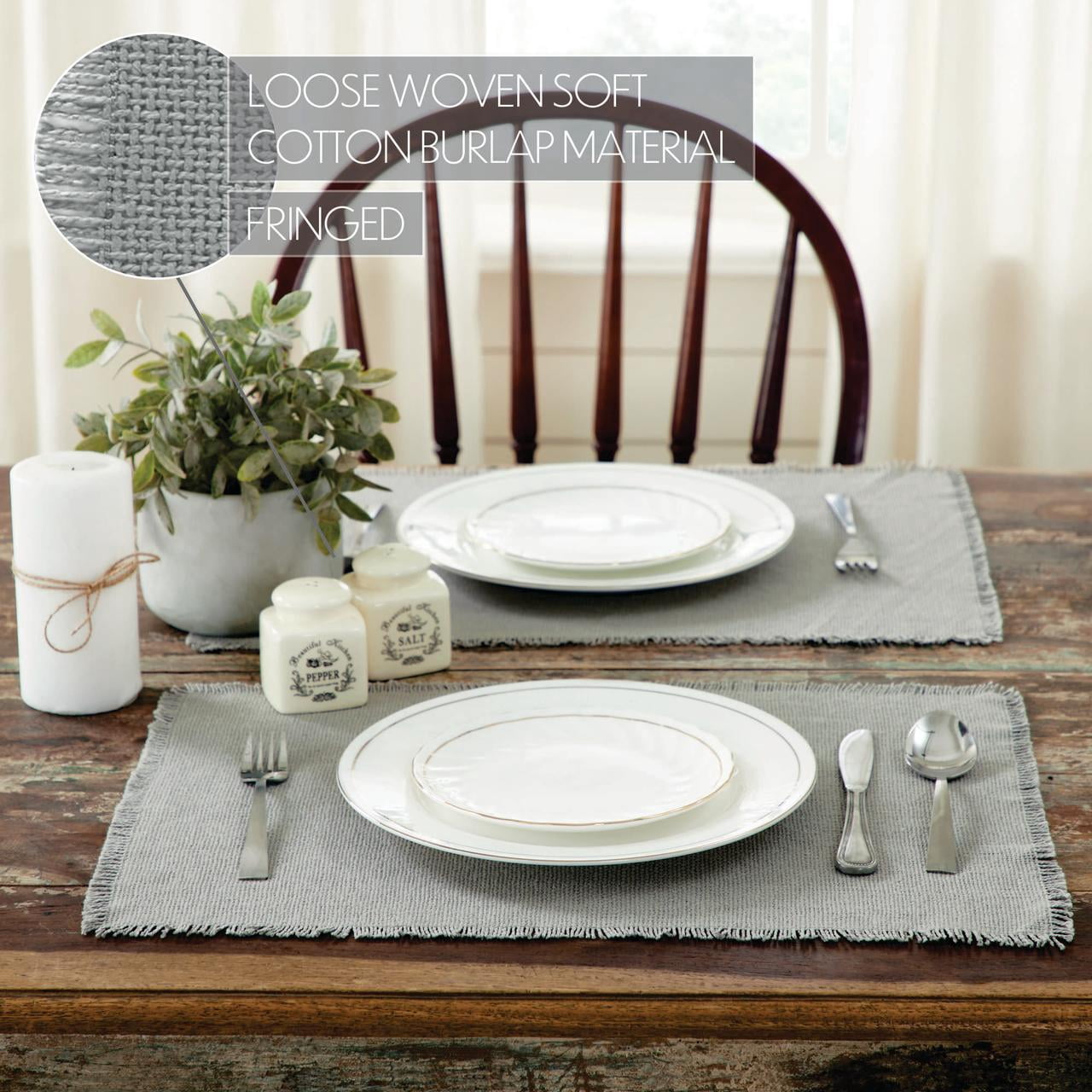 VHC Brands Burlap Dove Grey Farmhouse 13"x19" Placemat Set of 6 Cotton Solid Color Rectangle Kitchen Table Decor