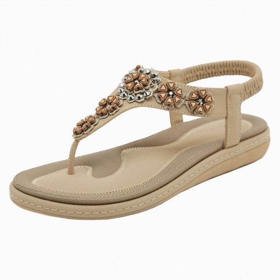 Rotm Comfortable Sandals for Women Walking Flip Flops with Arch Support for Women, Womens Rhinestone Flat Sandals Non Slip Beach Bohemian Sandals Beige,6