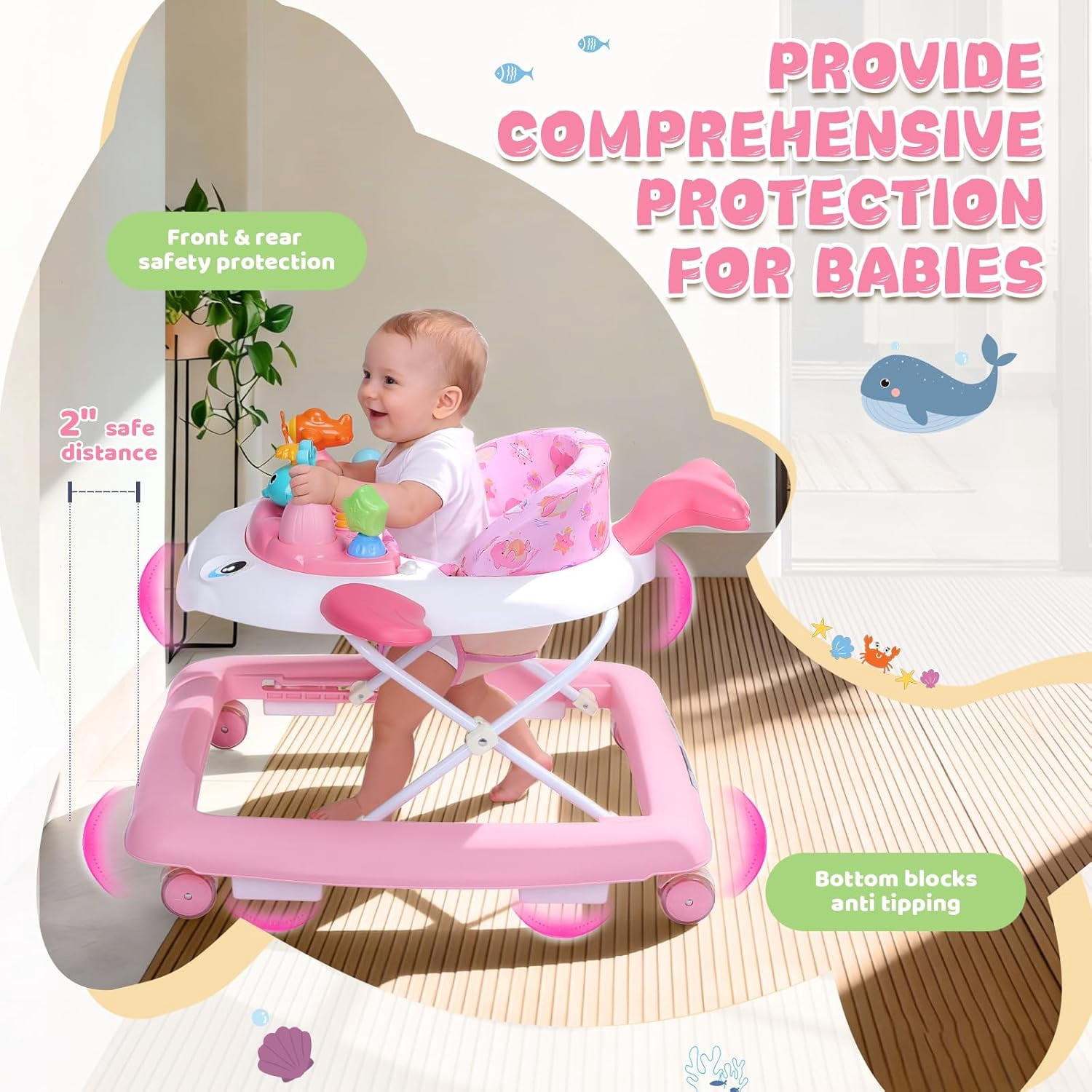 PRVAETU Baby Walker & Activity Center W/ Music & Lights,3 Adjustable Height, Anti-Rollover & Foldable for Infant Boy and Girl 6-18 Months,Pink Print