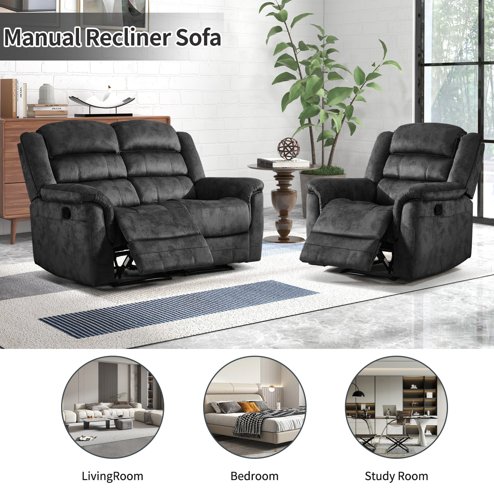Bonzy Home Recliner Sofa Set – Cloth Reclining Living Room Furniture Set with Single Recliner Chair & Loveseat Gray