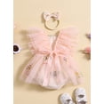 thumbnail image 3 of JYYYBF Baby Girls Summer Romper Dress Flying Sleeve Flower Embroidery Mesh Patchwork Romper with Headband, 3 of 7