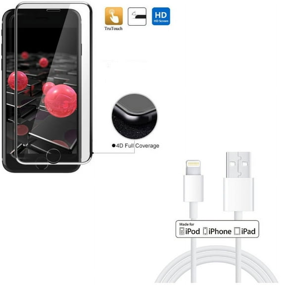 iPhone 7/8 PLUS Screen Protector w MFi USB Cable - Tempered Glass 4D Touch Curved Edge Full Cover, 3ft Certified Charger Cord Power for iPhone 8 PLUS/7 Plus